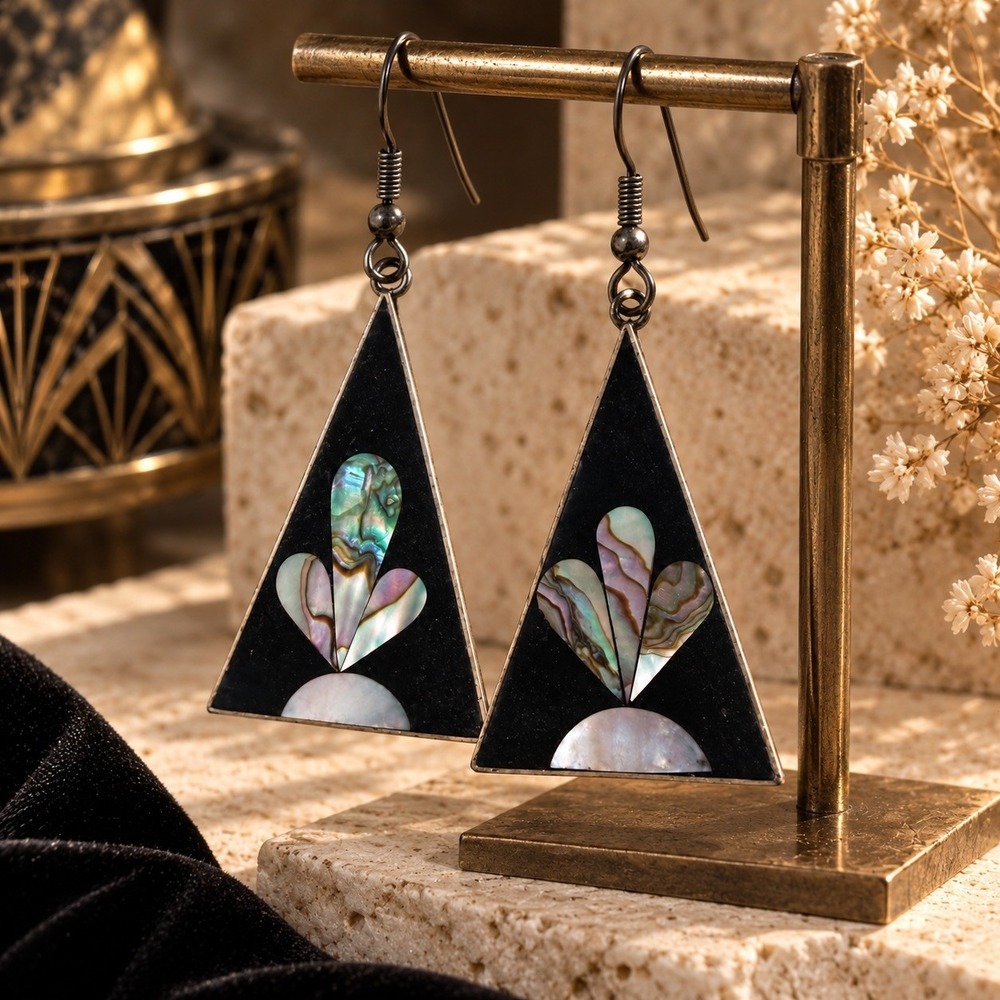Vintage Alpaca Mexico Abalone Earrings Art Deco Nouveau Black Triangle Dangle